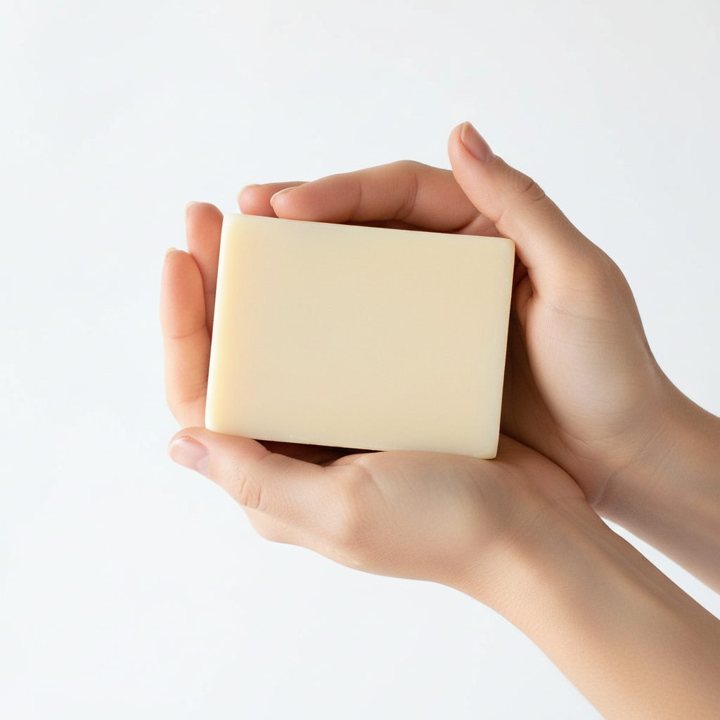 Soft clean hands gently holding Oat Honey Goat Milk Soap