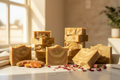 12 Turmeric Radiance Goat Milk Soap bars arranged in a golden luxury flat lay